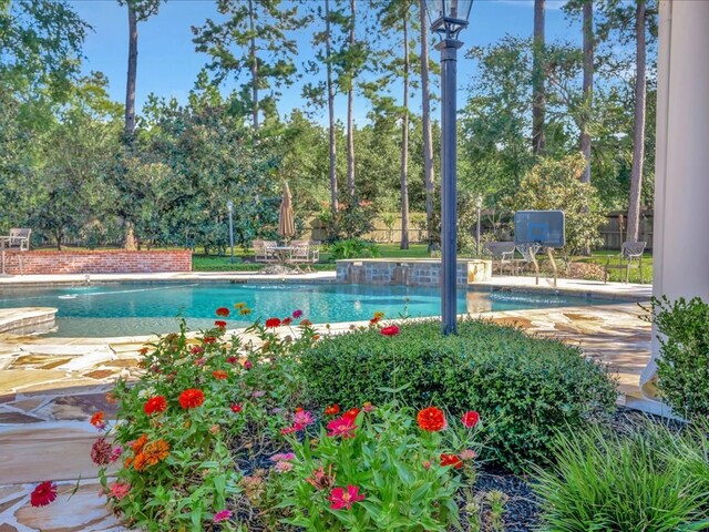 view of swimming pool with pool water feature