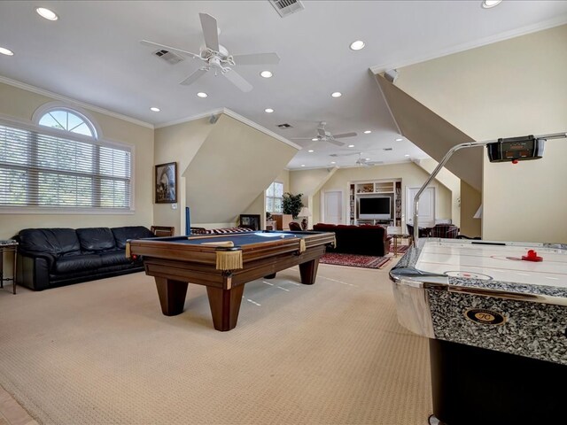 rec room featuring ceiling fan, ornamental molding, light carpet, and pool table