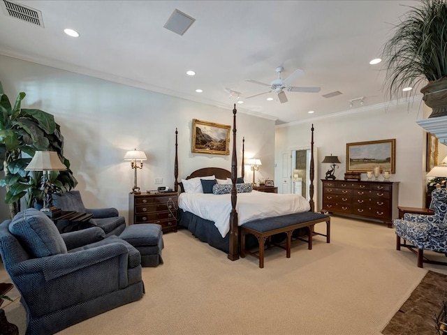 bedroom with light colored carpet, ceiling fan, and crown molding