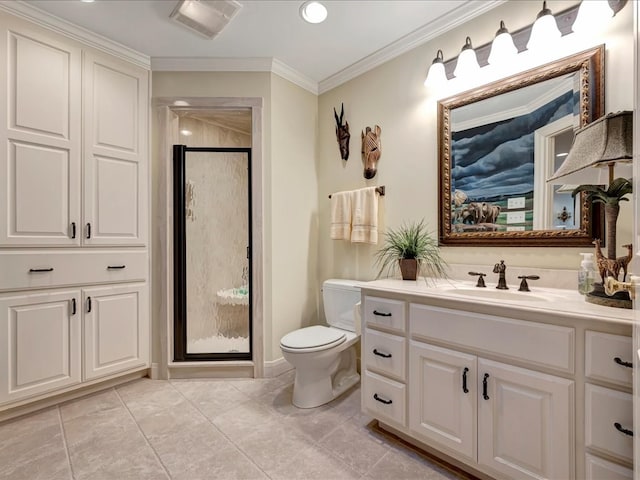 bathroom featuring tile patterned floors, toilet, a shower with door, vanity, and ornamental molding