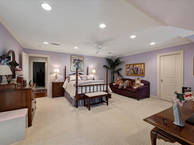 carpeted bedroom with ceiling fan and crown molding