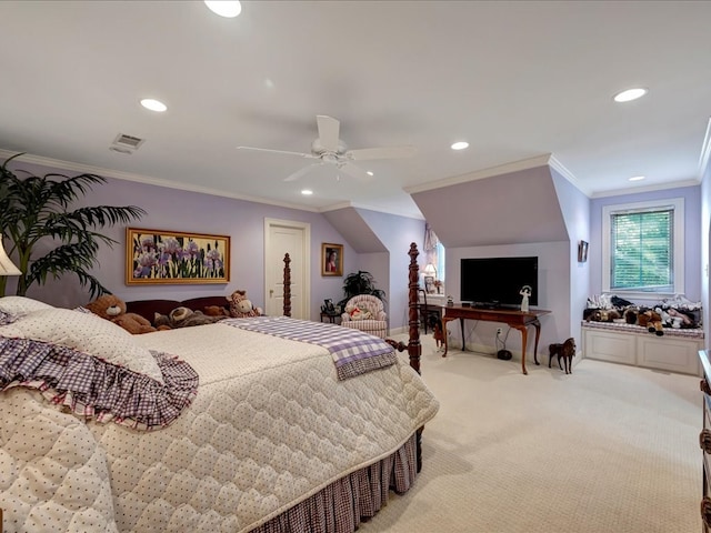 bedroom featuring ceiling fan, ornamental molding, and light carpet