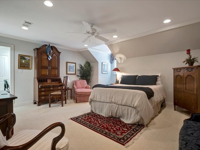 carpeted bedroom with ceiling fan, lofted ceiling, and crown molding