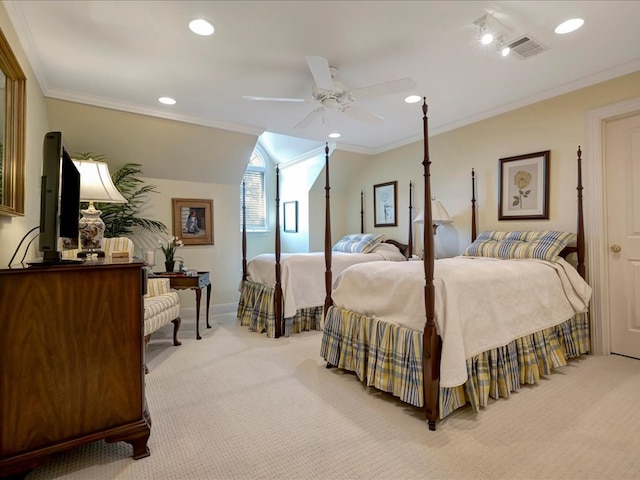 bedroom with light carpet, ceiling fan, and ornamental molding