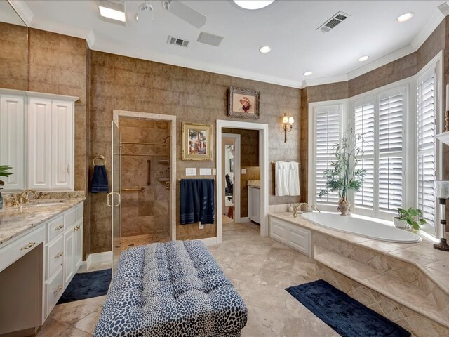 bathroom with separate shower and tub, crown molding, vanity, and ceiling fan