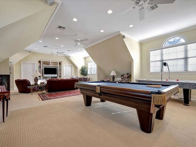 playroom featuring light carpet, crown molding, and billiards