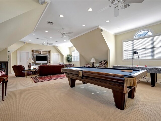 playroom featuring light carpet, crown molding, and billiards