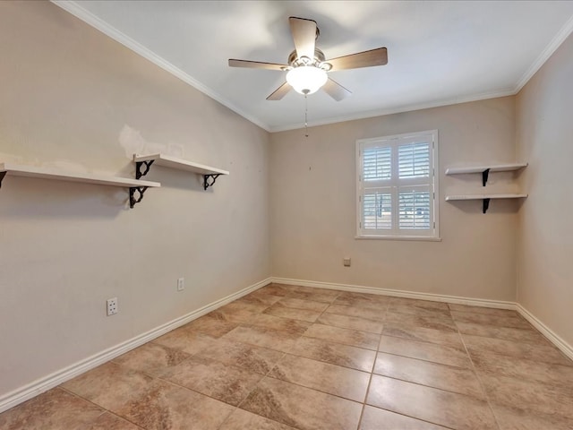 tiled spare room with ornamental molding and ceiling fan