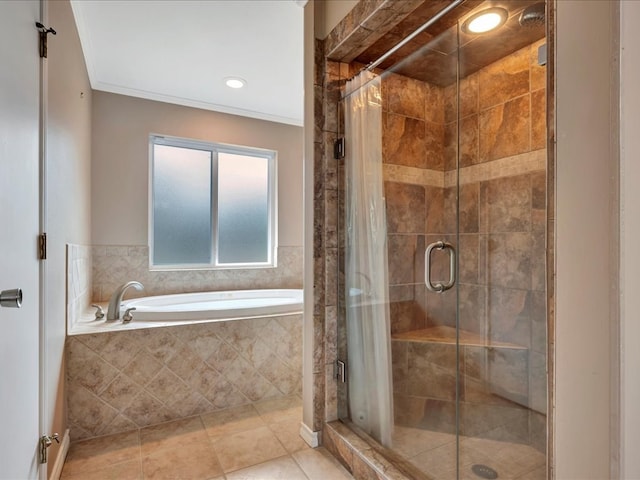 bathroom featuring crown molding, tile patterned floors, and separate shower and tub