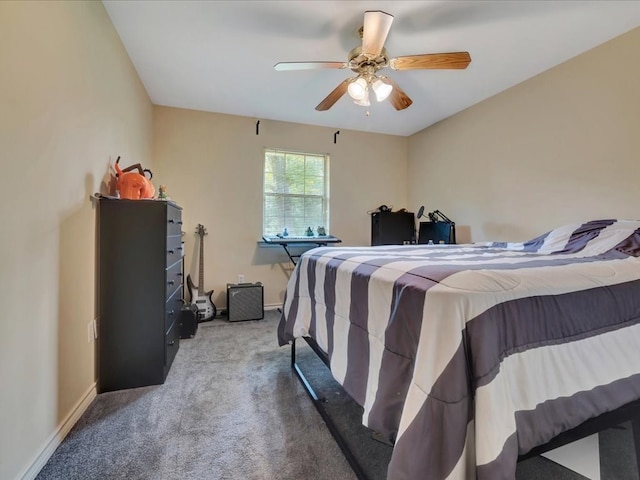 carpeted bedroom with ceiling fan