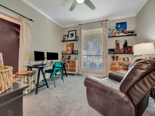 carpeted office featuring crown molding and ceiling fan