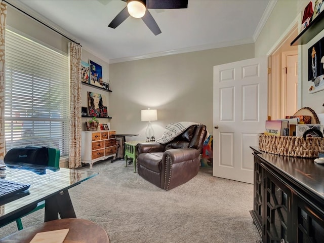 interior space featuring carpet, ceiling fan, and ornamental molding