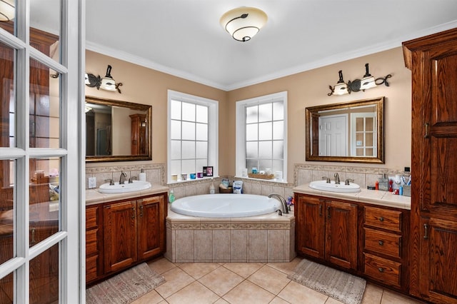 bathroom featuring tile patterned flooring, vanity, decorative backsplash, and ornamental molding