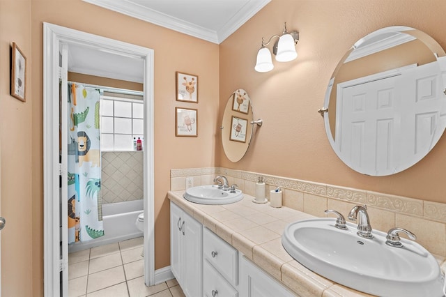 full bathroom with tile patterned flooring, crown molding, toilet, and shower / bath combo with shower curtain