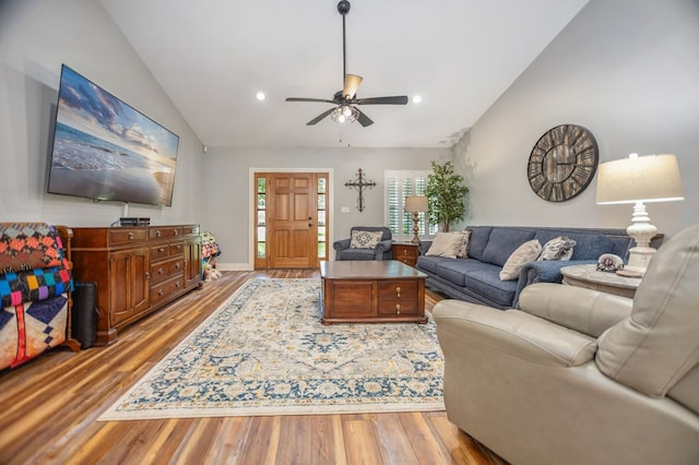1208 Leslie Ln, Lufkin, TX 75901 - living area with vaulted ceiling, wood finished floors, ceiling fan, and recessed lighting