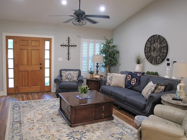 1208 Leslie Ln, Lufkin, TX 75901 - living room featuring vaulted ceiling, wood finished floors, a ceiling fan, and recessed lighting