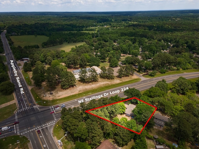 birds eye view of property with a wooded view