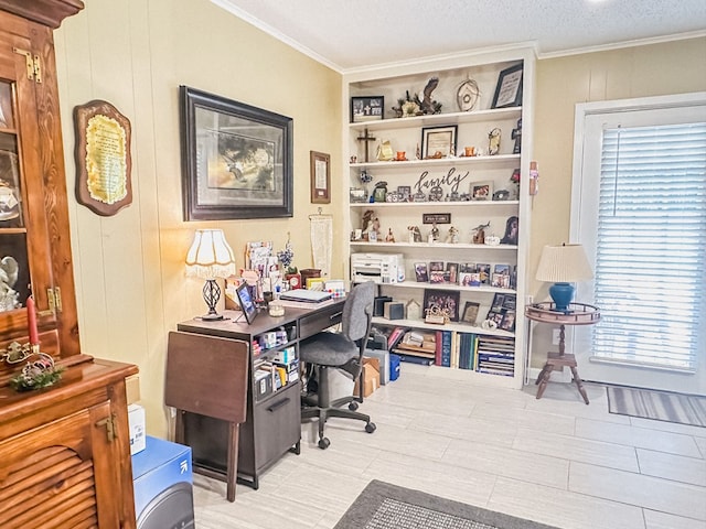 office with ornamental molding and built in features