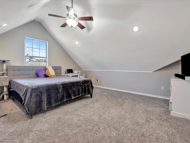 bedroom featuring ceiling fan, carpet floors, and lofted ceiling