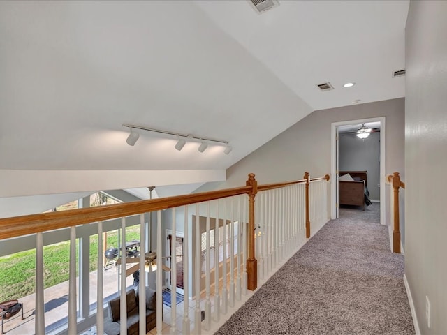 hall featuring light carpet, rail lighting, and lofted ceiling