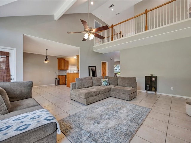 living room featuring beam ceiling, ceiling fan, high vaulted ceiling, and light tile patterned floors