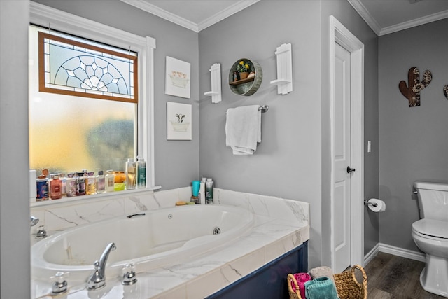 bathroom with a bathtub, toilet, ornamental molding, and wood-type flooring