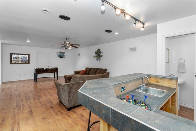 interior space featuring hardwood / wood-style flooring, ceiling fan, and sink