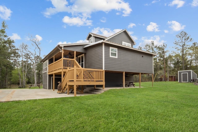 3535 Fm 1007, Brookeland, TX 75931 - back of property with a ceiling fan, stairway, a yard, a deck, and a storage shed
