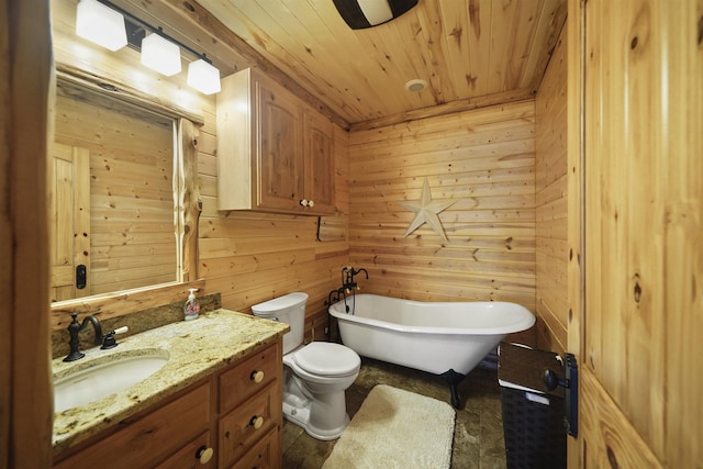 bathroom with a bathtub, vanity, wooden ceiling, toilet, and wood walls