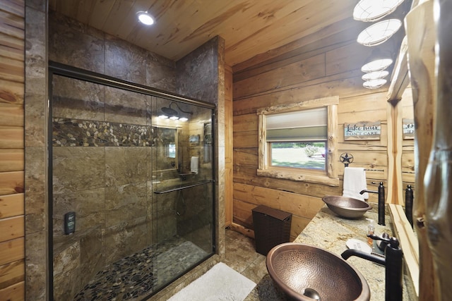 bathroom featuring wooden ceiling, walk in shower, and wooden walls