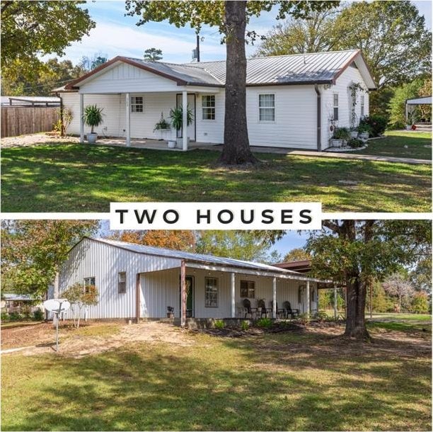view of front facade featuring a front lawn, fence, and covered porch
