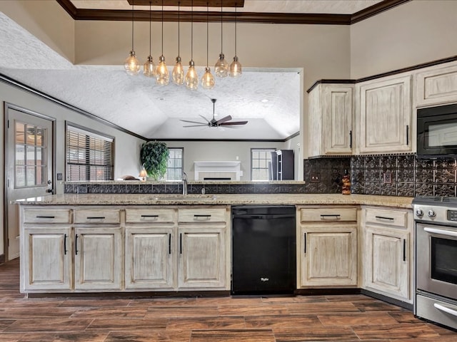 kitchen with dark wood finished floors, ornamental molding, a ceiling fan, a sink, and black appliances