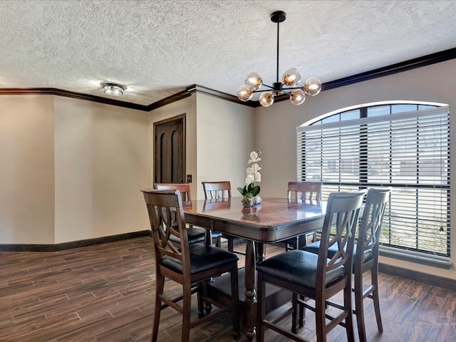 dining space with baseboards, a chandelier, dark wood-type flooring, and ornamental molding