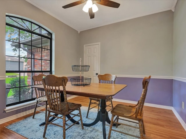 602 April Dr, Lufkin, TX 75904 - dining room with wood finished floors, a ceiling fan, ornamental molding, and plenty of natural light