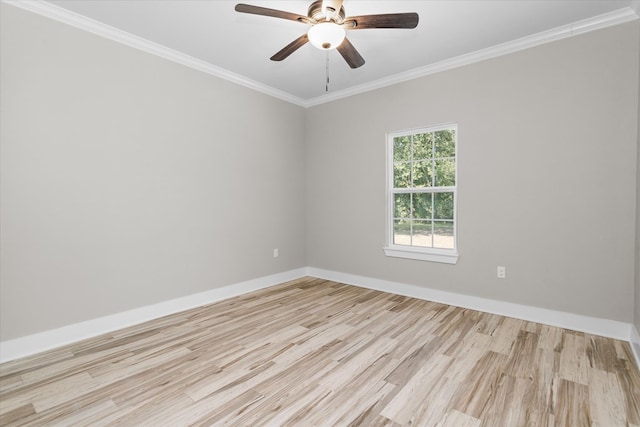 empty room featuring ceiling fan, ornamental molding, and light hardwood / wood-style flooring