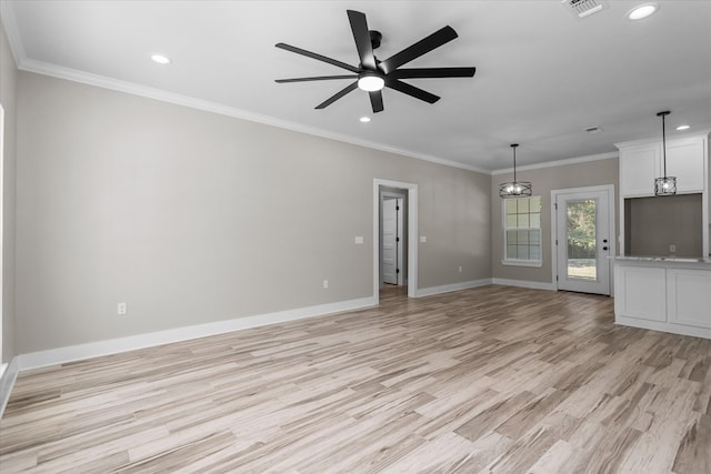 unfurnished living room featuring light hardwood / wood-style flooring, ceiling fan with notable chandelier, and ornamental molding