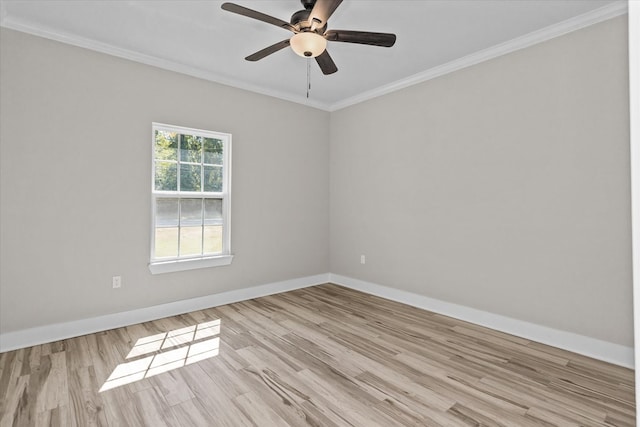 unfurnished room featuring ceiling fan, light wood-type flooring, and ornamental molding