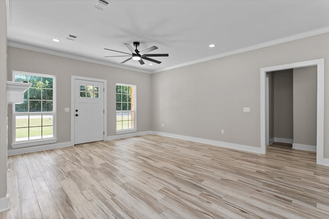 unfurnished living room with light hardwood / wood-style flooring, ceiling fan, and crown molding