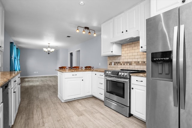 1504 Azalea Dr, Lufkin, TX 75904 - kitchen featuring stainless steel appliances, under cabinet range hood, a peninsula, a chandelier, and decorative backsplash