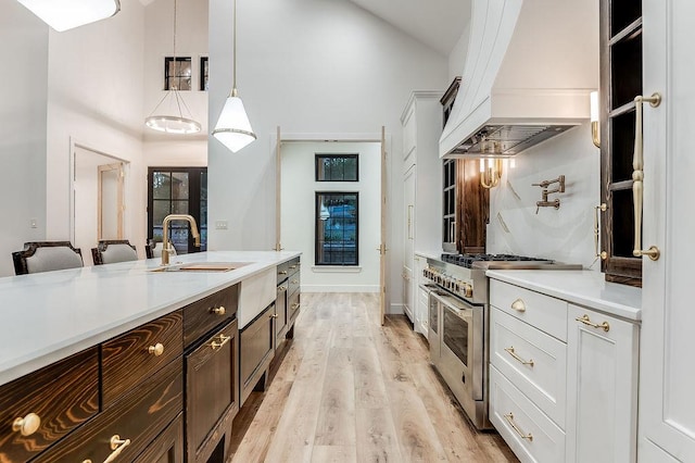 kitchen with light countertops, light wood-style floors, custom exhaust hood, high end range, and a sink