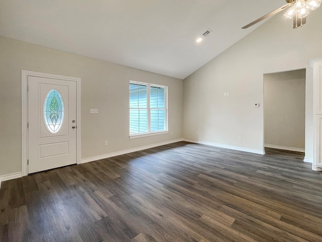 entryway with dark wood-style flooring, a healthy amount of sunlight, and ceiling fan