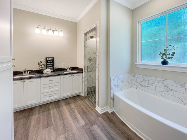 bathroom featuring a shower stall, a garden tub, wood finished floors, a sink, and ornamental molding
