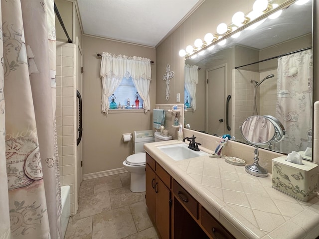 full bathroom with vanity, toilet, ornamental molding, and shower / tub combo