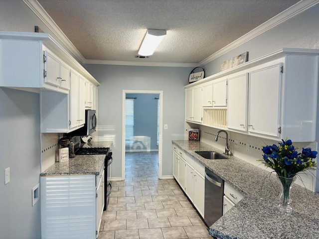 kitchen featuring stainless steel appliances, ornamental molding, stone counters, and a sink