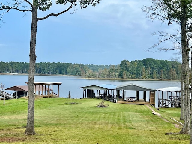 dock area with a yard and a water view