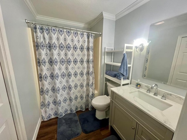 full bathroom featuring vanity, crown molding, toilet, shower / tub combo with curtain, and wood-type flooring