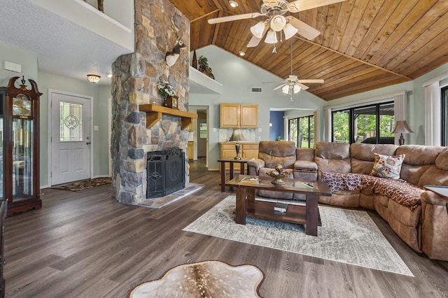 living room with dark hardwood / wood-style floors, high vaulted ceiling, ceiling fan, and wood ceiling