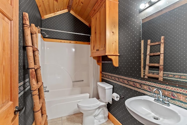 194 Woodsedge Dr, Brookeland, TX 75931 - full bath with wallpapered walls, tile patterned floors, wooden ceiling, lofted ceiling, and shower / bath combo
