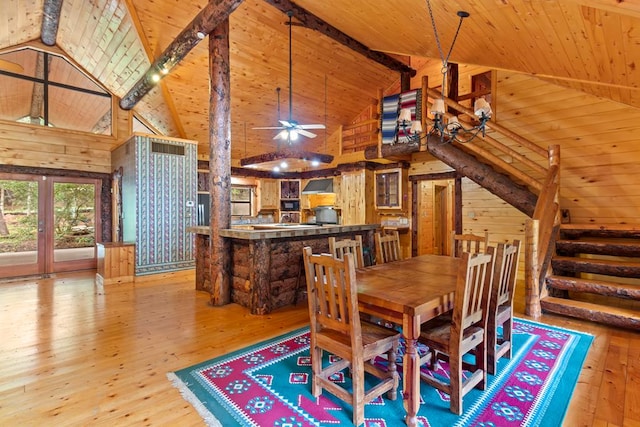 dining area with wood walls, light hardwood / wood-style floors, wood ceiling, and beam ceiling