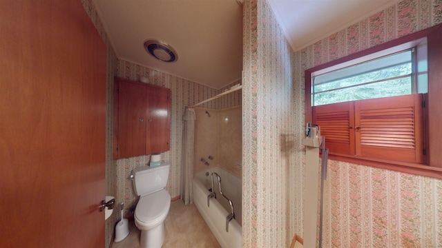 bathroom featuring vaulted ceiling,  shower combination, and toilet